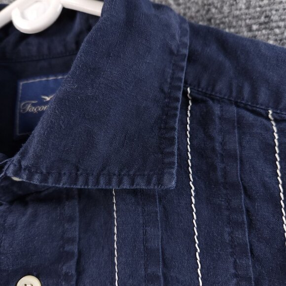 Faconnable Striped Small Linen Blue Shirt Mens Button Up Long Sleeve Pocket - Picture 4 of 14